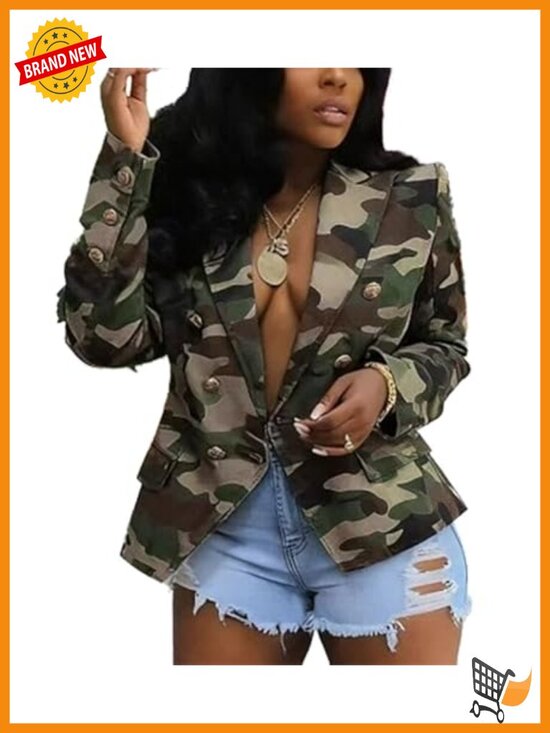 Jackets & Blazers - Women's Camo Blazer Jacket Long Sleeve Notch Lapel Double Breasted with Pockets